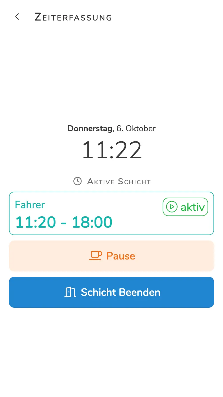 Screenshot: Arbeitszeiten erfassen über die Pentacode Mitarbeiter-App