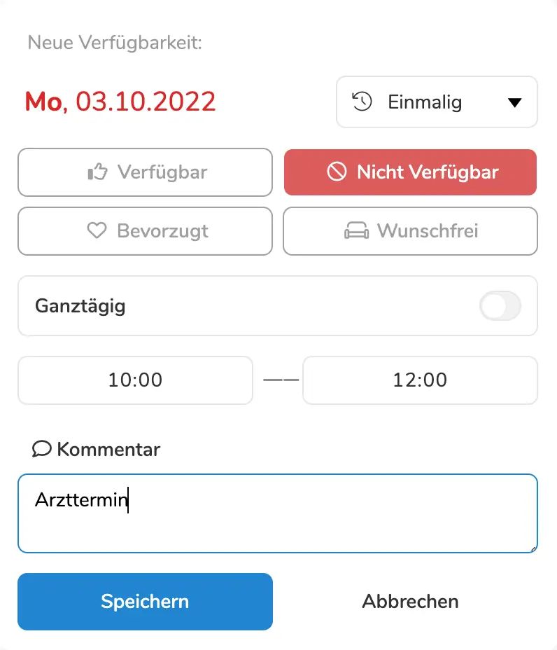 Screenshot: Verfügbarkeiten eintragen in der Pentacode Mitarbeiter-App