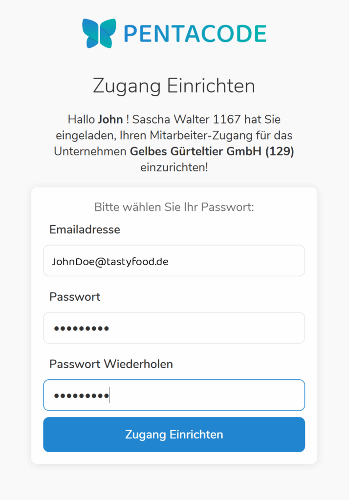 Einladung für die Mitarbeiter App von Pentacode