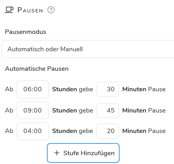 Pentacode Pauseneinstellungen: Regeln für automatische Pausen selbst festlegen