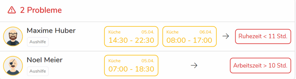 Problemanzeige bei Fertigstellung des Dienstplans