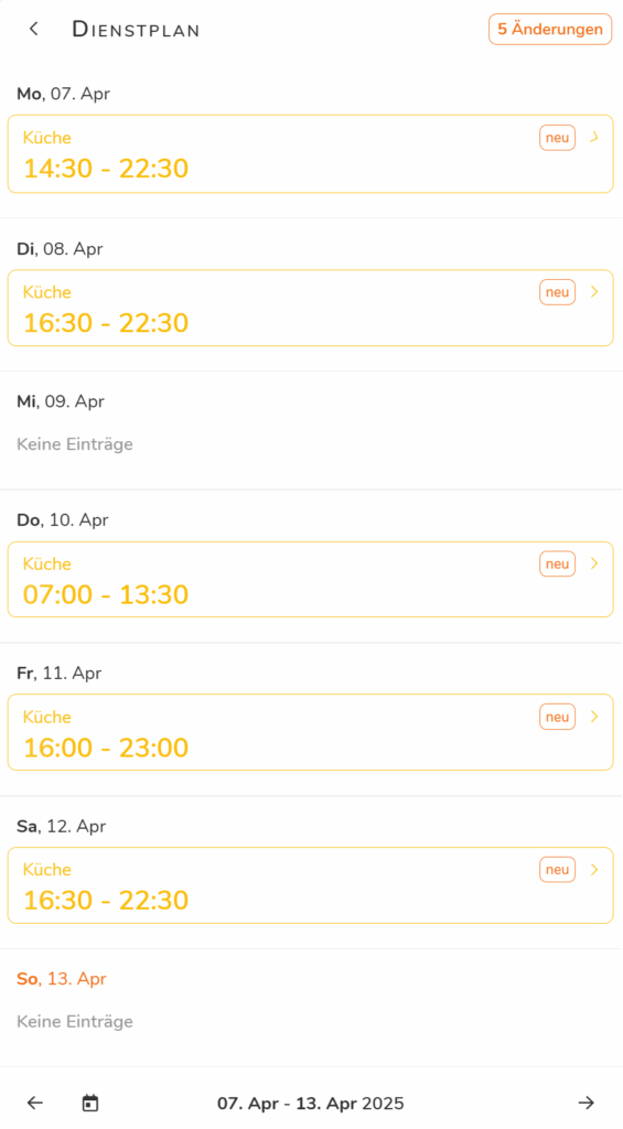 Dienstplan eines Mitarbeiter, wie er ihm in der Mitarbeiter App angezeigt wird