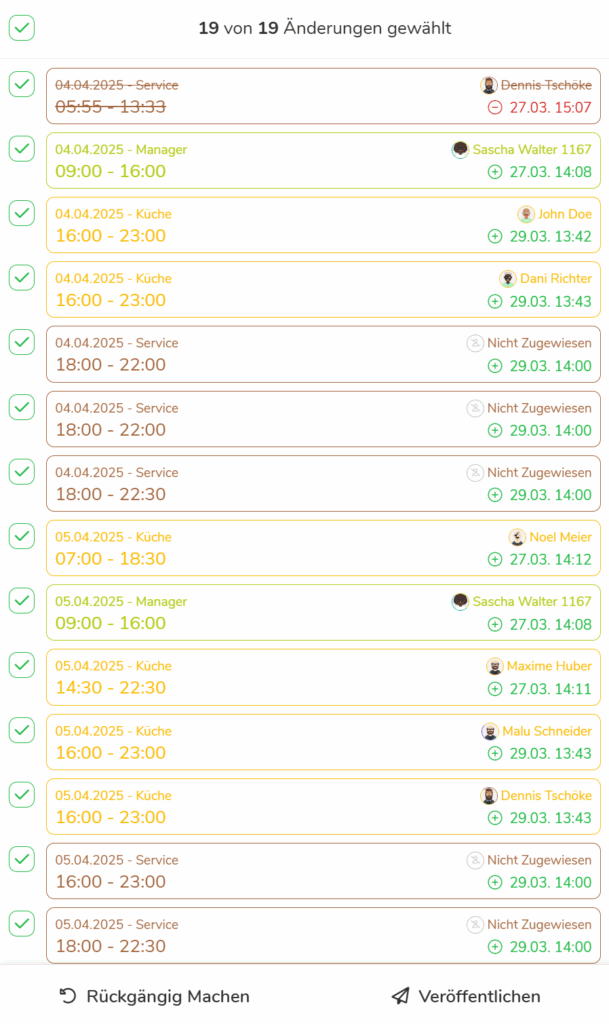 Bestätigung aller Änderungen im Dienstplan