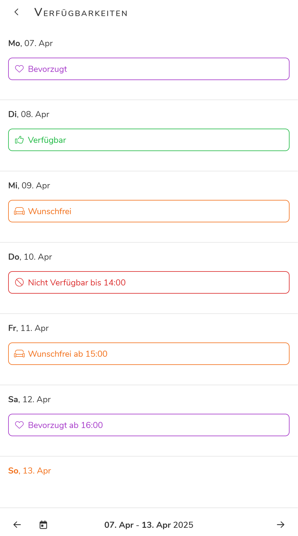 Verfügbarkeiten eines Mitarbeiters - Der mitarbeiter gibt selbst an, wann er bevorzugt arbeitet oder frei hat