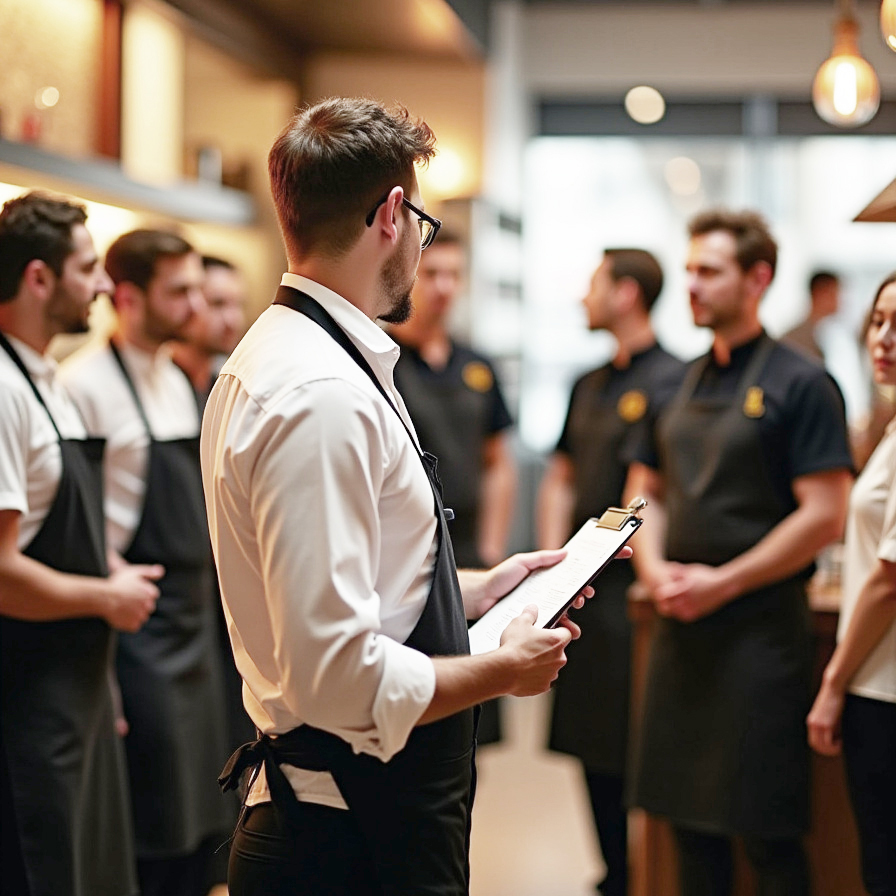 Manager gibt Briefing in Restaurant - mit Pentacode auch komplett digital möglich
