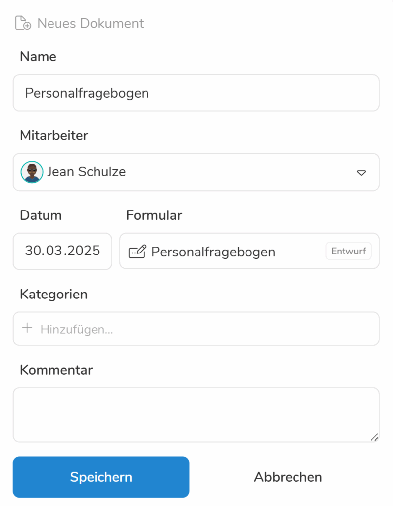 Neues Dokument für Mitarbeiter erstellen - Personalfragebogen in Sekunden verschickt