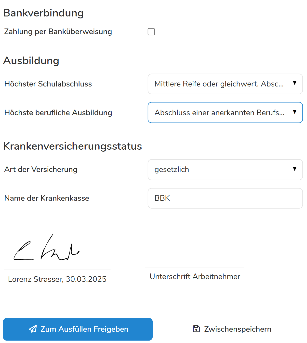 Ausgefüllter Personalfragebogen ohne großes hin- und her