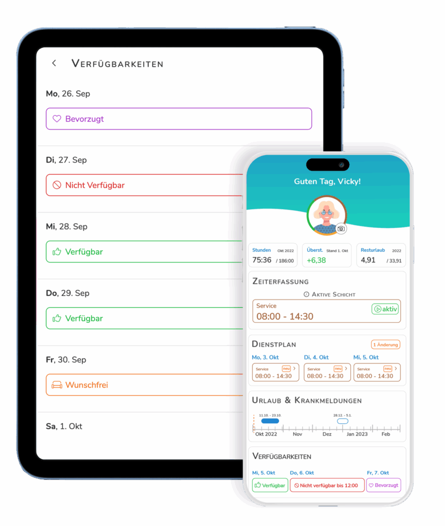 Mitarbeiter App Übersicht - hier können Schichten eingesehen und Zeiten erfasst werden