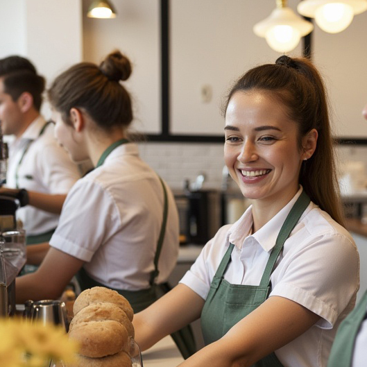 Entspannte Arbeiterin im Kaffee dank klarer Personalplanung