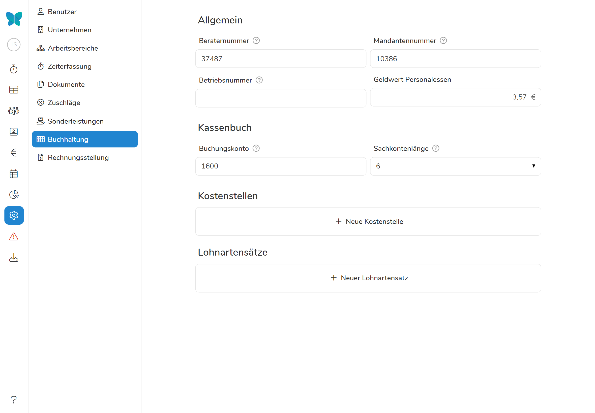 Screenshot der Buchhaltungseinstellungen