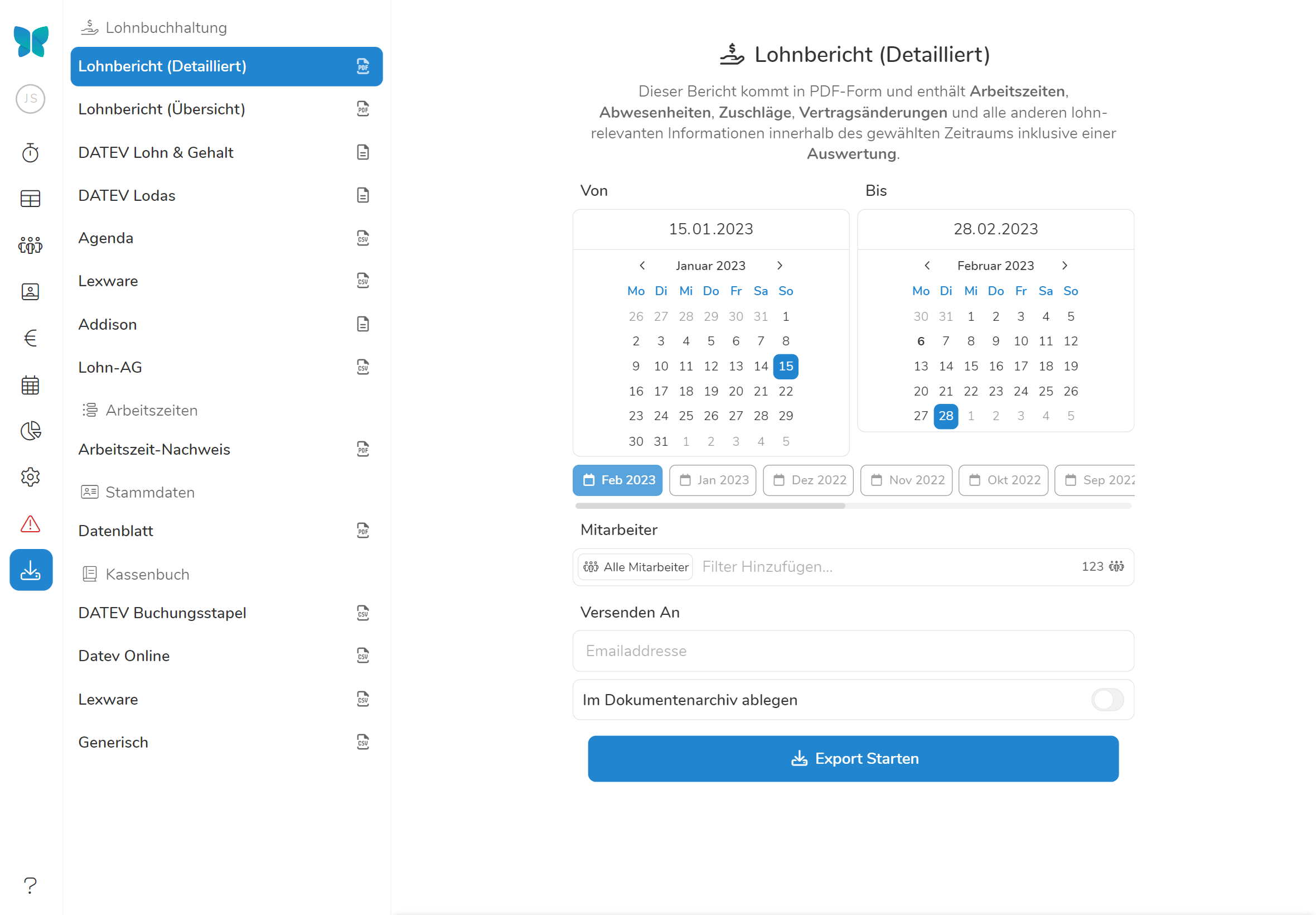 Screenshot der individuellen Datenexporte in alle gängigen Formate